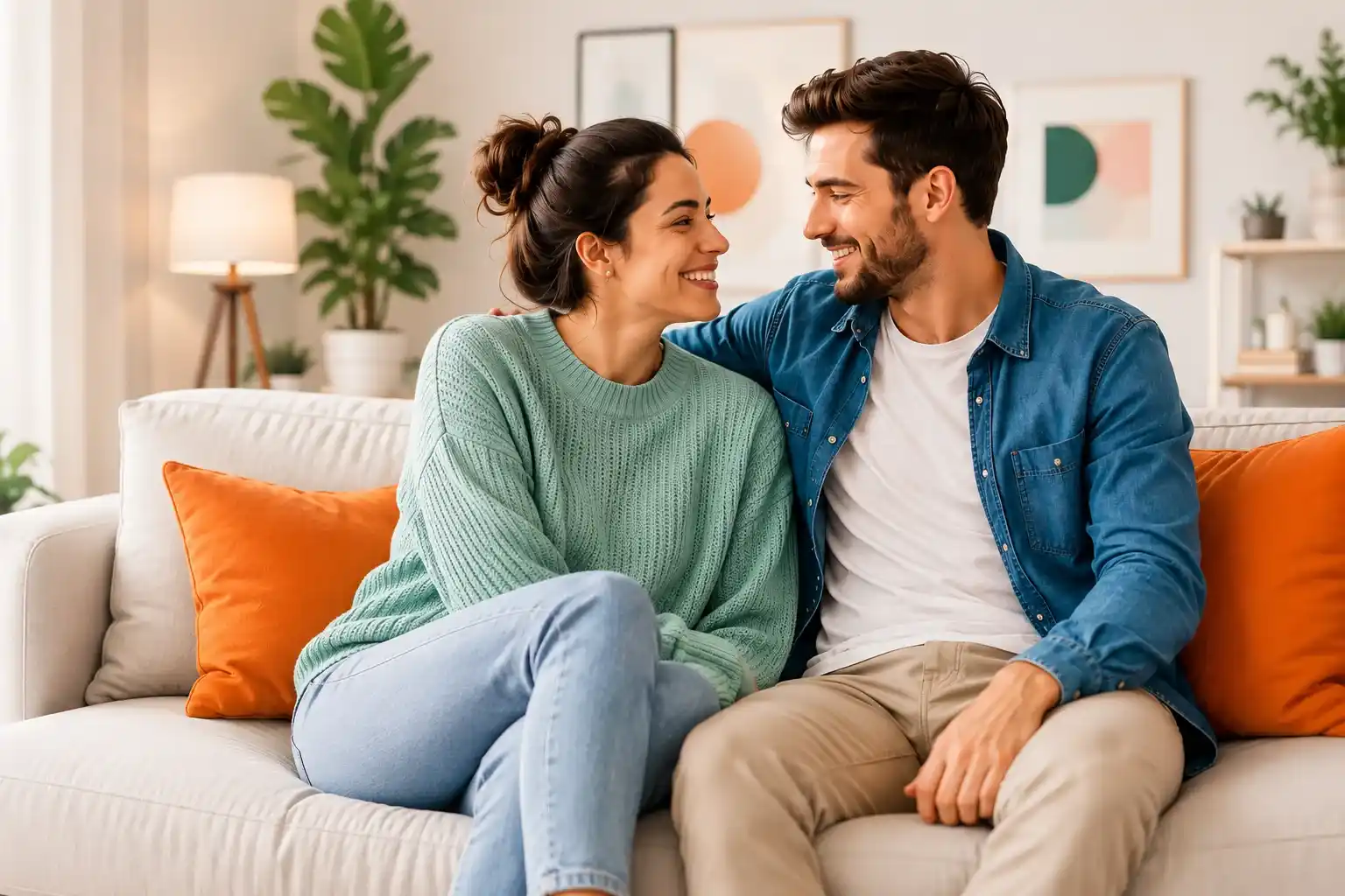 Simulador crédito habitação num computador com casal a analisar uma estimativa de prestação mensal